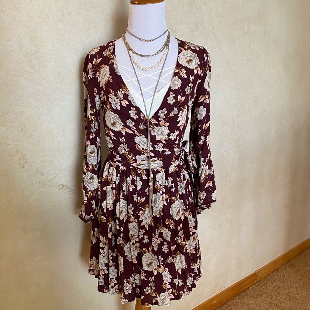 NWT Burgundy Wine Floral Wrap Dress